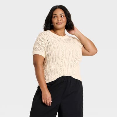 Women's Short Sleeve Crochet Sweater Top - A New Day™ Cream 4X