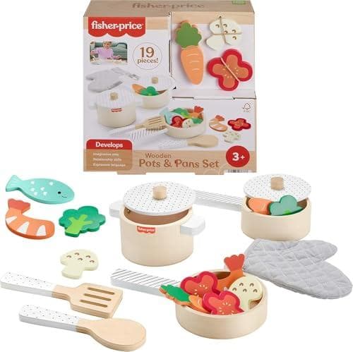19pc Fisher-Price Wood Kitchen Pretend Play Toy Pots & Pans Set Amazon