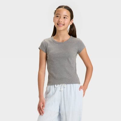 Girls' Short Sleeve Ribbed T-Shirt - art class™ Gray XS