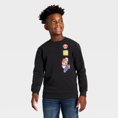 Boys' Super Mario Crewneck Fleece Graphic Sweatshirt - Charcoal Gray M