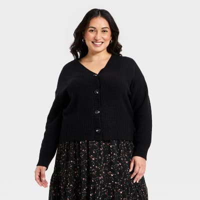 Women's V-Neck Textured Cardigan - Ava & Viv™ Black 1X