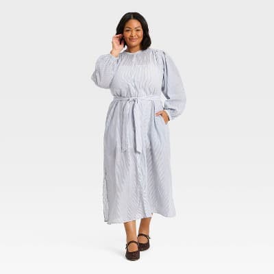 Women's Balloon Long Sleeve Collared Neck Maxi Shirtdress - Universal Thread™ Blue Striped 1X