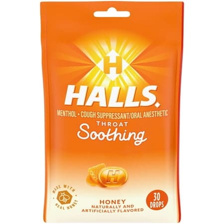 HALLS Throat Soothing Honey Cough Drops, 30 Drops