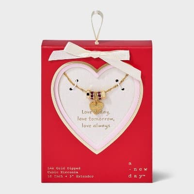 14K Gold Dipped Cubic Zirconia Rondelle Heart Necklace - A New Day™ Gold/Pink