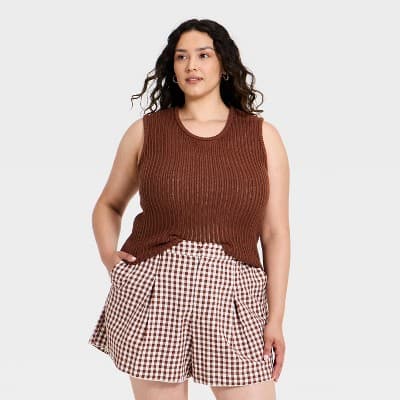 Women's Crewneck Drop Needle Pullover Sweater Tank - A New Day™ Brown XXL