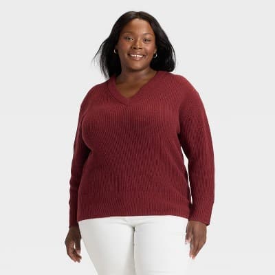 Women's Long Sleeve V-Neck Pullover Sweater - Ava & Viv™ Burgundy 4X