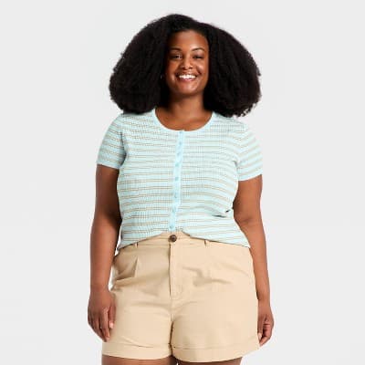 Women's Short Sleeve Button-Front Sweater - A New Day™ Light Blue 4X