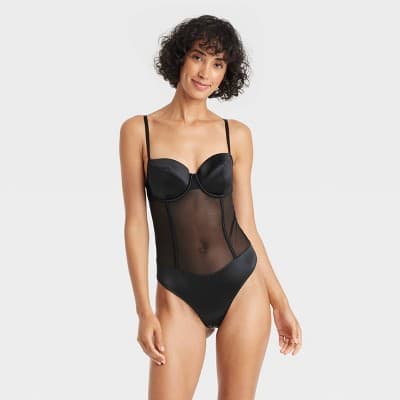 Women's Satin and Mesh Lightly Lined Lingerie Bodysuit - Auden™ Black M: Nylon-Spandex Blend, Back Hook Closure, Cotton Gusset