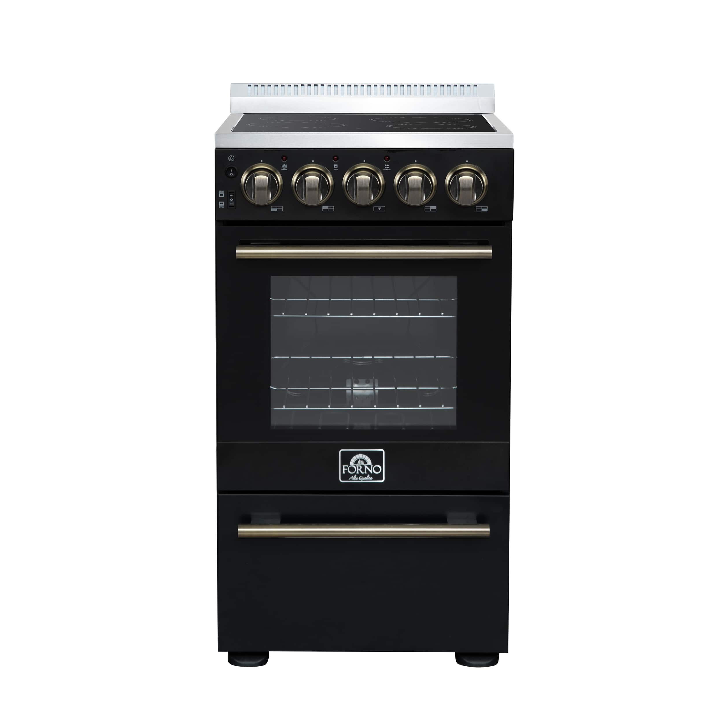 Forno Appliances - 20 in. Wide 4 Elements Pallerano 2.05 Cu. Ft. Freestanding Electric Range with Antique Brass Accessories - Black