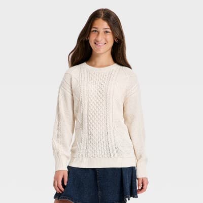 Girls' Cable Knit Sweater - art class™ Beige L