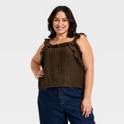 Women's Ruffle Sleeve Tank Top - Universal Thread™ Brown 4X