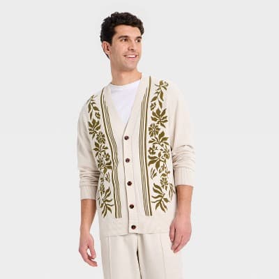 Houston White Men's Open Neck Cardigan - Brown/Cream Floral XL