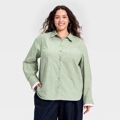 Women's Long Sleeve Button-Up Double Cuff Shirt - A New Day™ Green Striped 3X