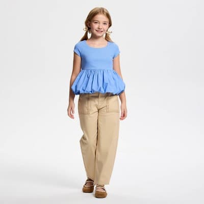 Owillo® Girls' Short Sleeve Knit Bubble Hem Top - Blue S