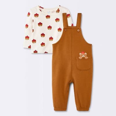 Baby Boys' 2pc Long Sleeve Bear T-Shirt and Overalls with Pocket Set - Cloud Island™ Brown/White 18M