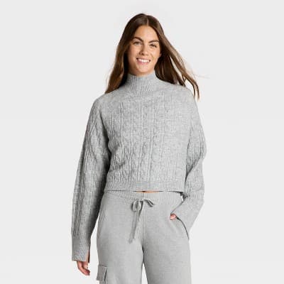 Women's Mock Neck Cable Knit Sweater - JoyLab™ Heathered Gray XL