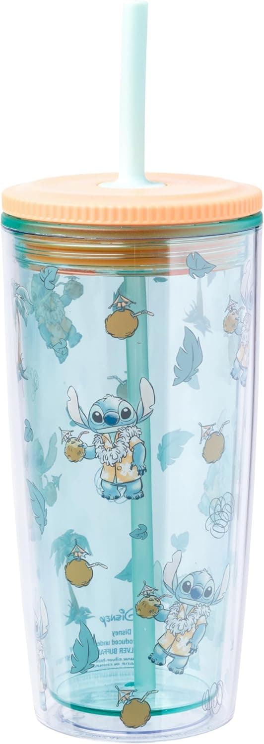Silver Buffalo Disney Lilo and Stitch Featuring Stitch in Hawaiian Shirt, Lei, and Coconut Drink and Tropical Vibes Pattern Spill Resistant Plastic Tumbler and Straw, 20 Ounces