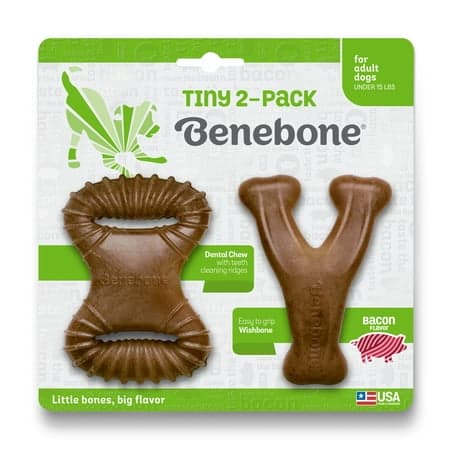 Benebone Tiny 2-Pack Wishbone Dental Chew Durable Dog Chew Toys, Real Bacon