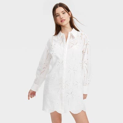 Women's Long Sleeve Eyelet Embroidered Collared Mini Shirtdress White - Roller Rabbit x Target XXS