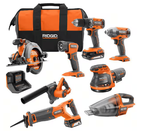Ridgid 18V Cordless 8-Tool Combo Kit with 2Ah Battery, 4Ah Battery, Charger, and Tool Bag