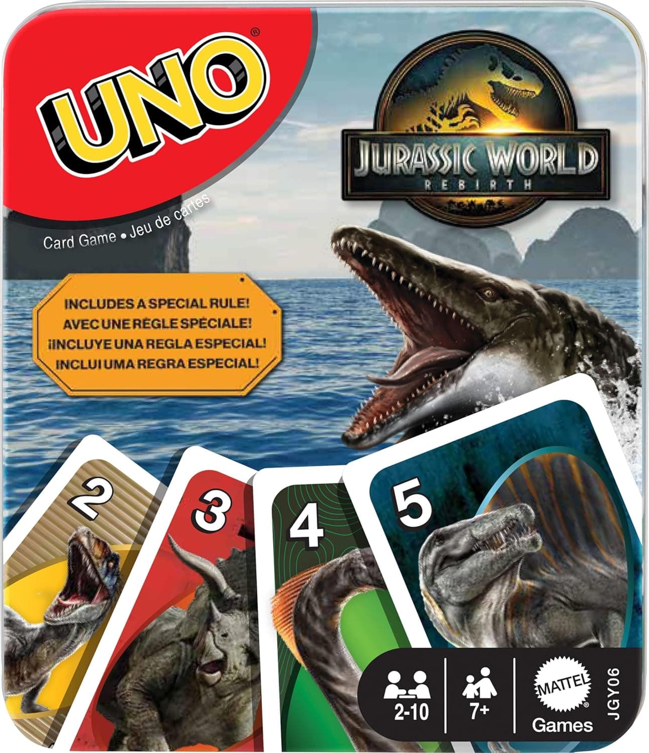 Unleash Jurassic Fun with Mattel's UNO Jurassic World Collectible Tin
