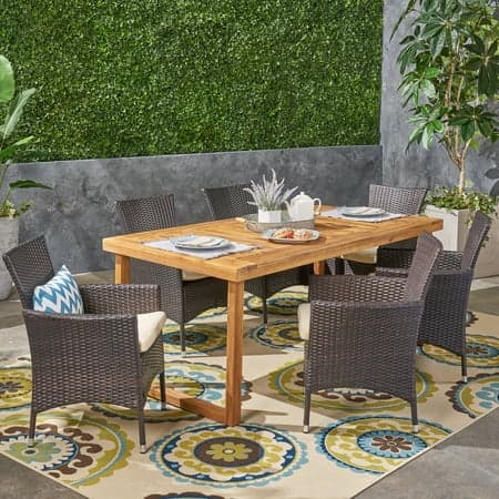 Jack Outdoor 7 Piece Acacia Wood Dining Set with Wicker Chairs and Cushions, Sandblast Natural, Multi Brown, Beige