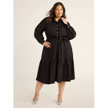 Free Assembly Women’s and Women's Plus Cotton Ruffle Midi Dress with Long Sleeves, Sizes XS-4X