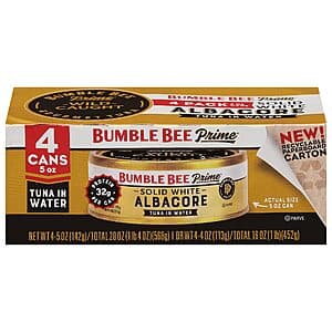 Select Accounts: 4-Pk 5-Oz Bumble Bee Prime Solid White Albacore Tuna in Water $5.35 w/ Subscribe & Save