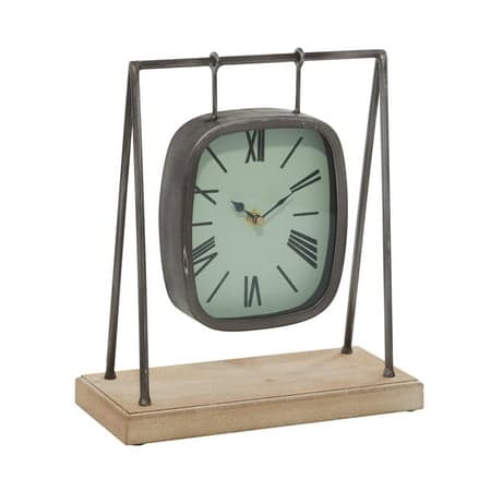DecMode 12" Gray Metal Suspended Hanging Clock with Wood Base