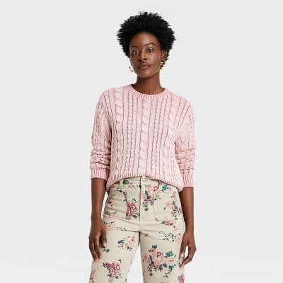 Women's Western Cable Crewneck Pullover Sweater - Universal Thread™ Pink L