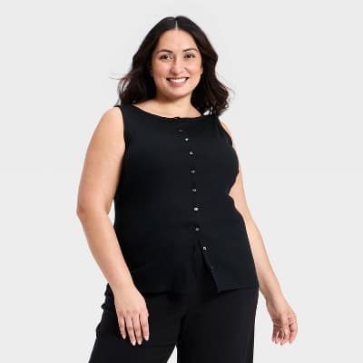 Women's Slim Fit Modern Ribbed Button-Front Tank Top - A New Day™ Black 2X
