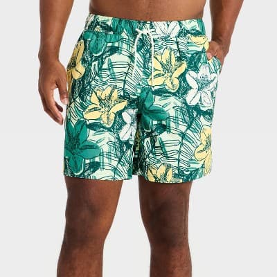 Men's 7'' Patterned Swim Trunks - Goodfellow & Co™ Green Floral XXL