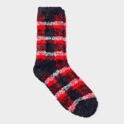 Women's Plaid Cozy Crew Socks - Auden™ Red/Black/Ivory 4-10