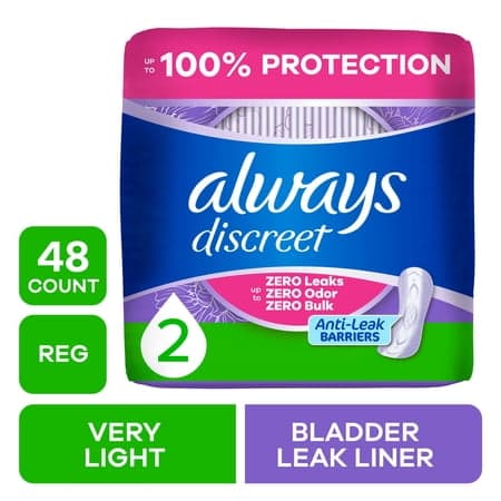 Always Discreet Incontinence Panty Liners for Bladder Leaks, Size 2, Very Light Absorbency, 48 Count