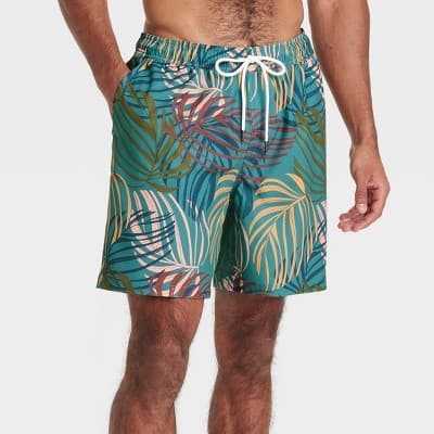 Men's 7" Swim Trunks with Boxer Brief Liner- Goodfellow & Co™ Teal Palm S: Quick Dry, UPF 50+, Zippered Pocket