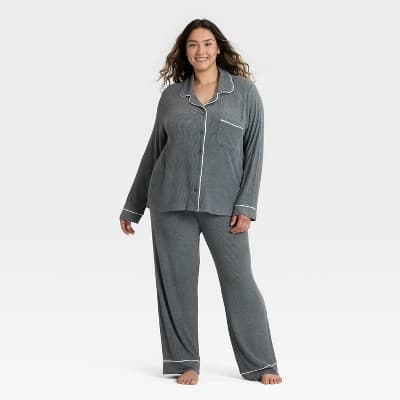 Women's Cozy Ribbed Notch Collar Long Sleeve Shirt and Pants Pajama Set - Auden™ Dark Gray 4X