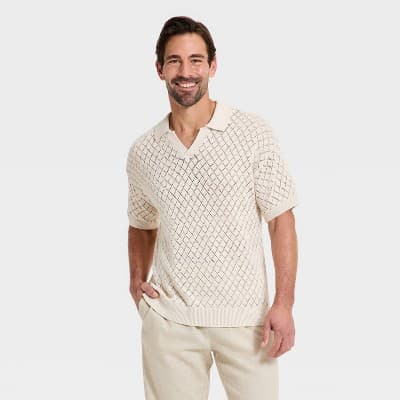Men's Short Sleeve Open-Work Johnny Collar Polo Sweater - Goodfellow & Co™ Cream XL