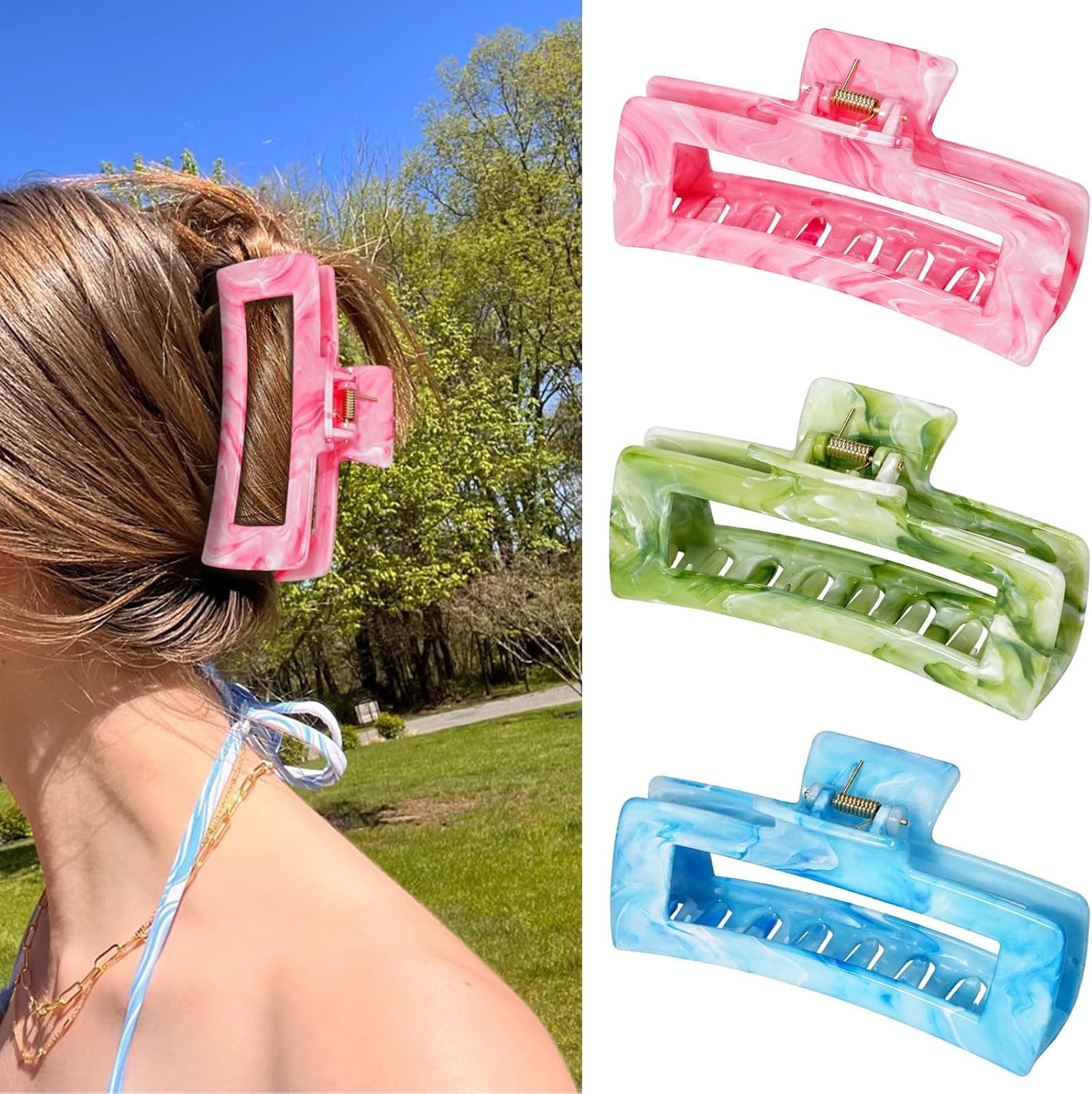 SHINLEA 3Pcs Hair Claw Clips for Women, 5 Inch Non slip Large Claw Clip, Reference Ink Painting Design, Ideal for Home Party and Work Styling, Hair Accessories for Girls Gift (Green and Pink and Blue)