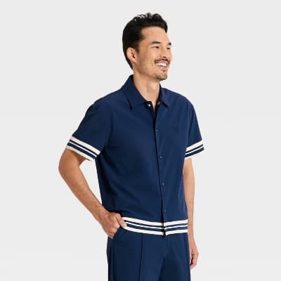 Men's Modern Sport Short Sleeve Collared Snap Front Shirt - Goodfellow & Co™ Dark Blue XL