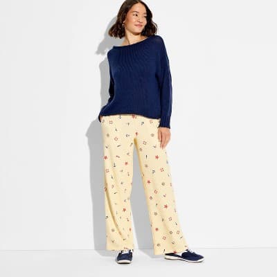 Women's Nautical Printed Tunnel Waist Graphic Pull-On Pants - Light Yellow XXL