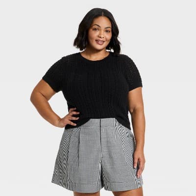 Women's Short Sleeve Crochet Sweater Top - A New Day™ Black 1X