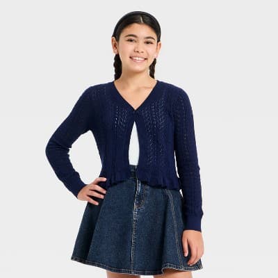 Girls' Ruffle Edge Pointelle Cardigan - art class™ Blue M
