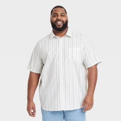 Men's Big & Tall Short Sleeve Poplin Shirt - Goodfellow & Co™ Light Blue XLT: Cotton-Spandex Blend, Stripe Pattern, Front Pocket