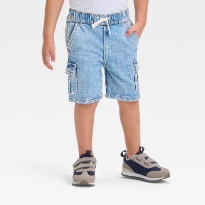 Toddler Boys' Pull-On Denim Cargo Shorts - Cat & Jack™ Light Wash 4T: Cotton-Spandex Blend, Midweight, Low-Rise, Front Snap Closure