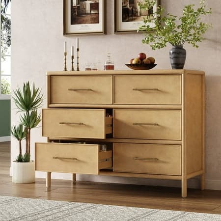 Christopher Knight Home 48" Large Storage Cabinet, 6 Drawers with Gold Handles, Acacia Wood Frame, Natural