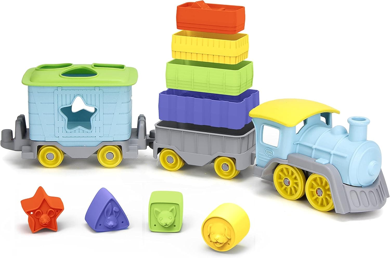 Green Toys Stack & Sort Train, Blue - 12 Piece Pretend Play, Motor Skills, Kids Toy Vehicle Playset. No BPA, phthalates, PVC. Dishwasher Safe, Recycled Plastic, Made in USA.