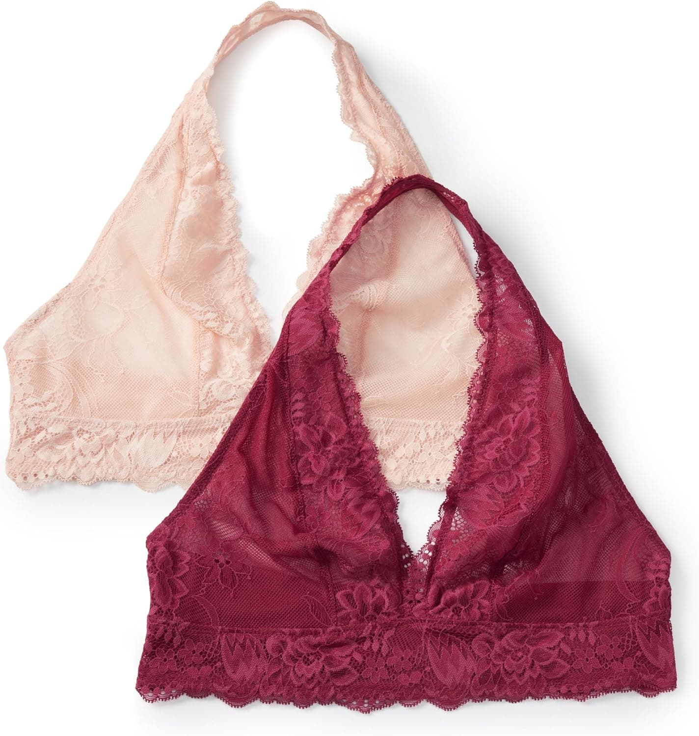 Amazon Essentials Women's Stretch Galloon Lace Halter Bralette, Pack of 2, Burgundy/Soft Petal, XX-Large