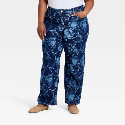 Women's High-Rise Comfort Stretch Straight Leg Jeans - Ava & Viv™ Blue Denim Floral 28