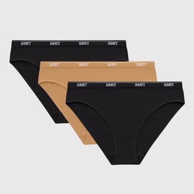 Hanes Women's 3pk Moves Bikini Underwear - Black/Almond M: Seamless Knit, Low Rise, Stretch Fabric