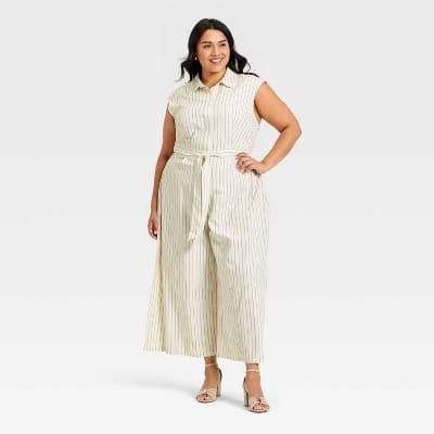Women's Belted Jumpsuit - A New Day™ White Pinstripe 4X